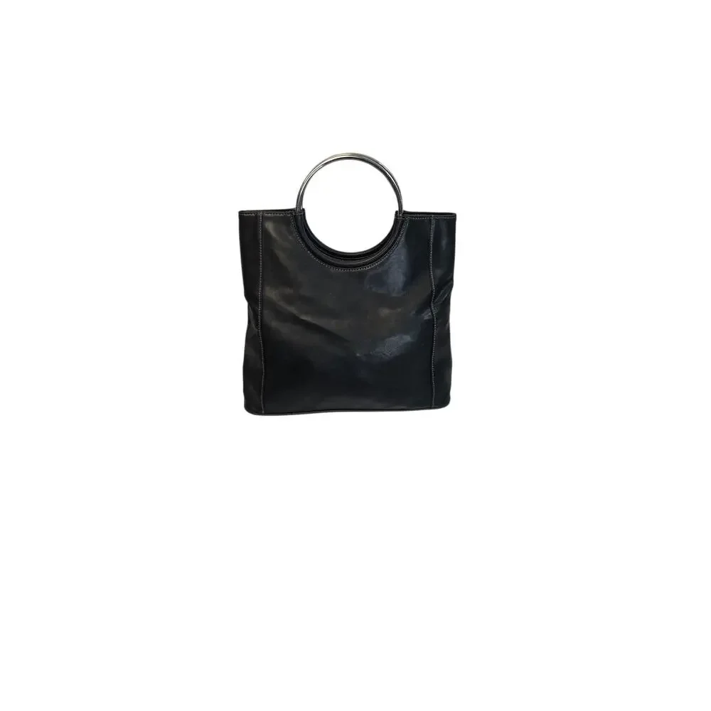 Vintage 90s Black Faux Leather Metal O Ring Circle Handle Tote Bag Minimalist - Picture 1 of 3